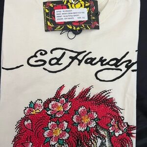 Ed Hardy Off-White Tee with Floral Skull Head Design size L NET